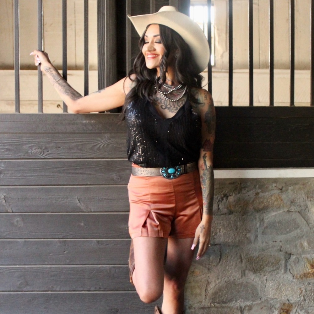 Rose gold pleated satin shorts
